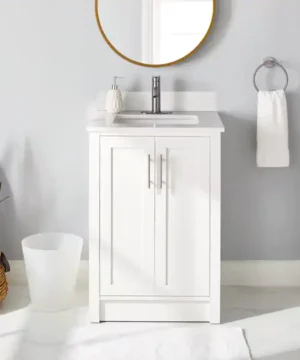 RUBY Double Door Single Sink Stone Top Bathroom Vanity, White, 24-in