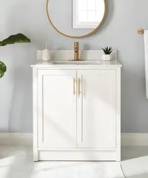 RUBY Double Door Single Sink Stone Top Bathroom Vanity, White, 30-in