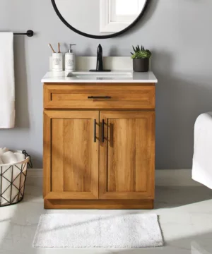 RUBY Double Door Single Sink Stone Top Bathroom Vanity, Honey Oak, 30-in