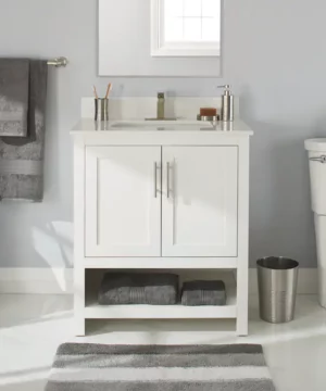 RUBY Double Door Single Sink Stone Top Bathroom Vanity, White, 30-in