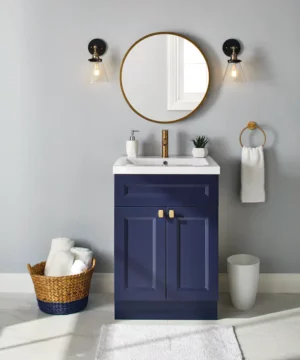 RUBY Double Door Single Sink Marble Top Bathroom Vanity, Navy, 24-in