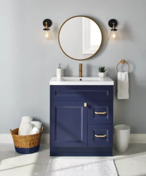 RUBY Single Door Single Sink Marble Top Bathroom Vanity with Two Drawers, Navy, 30-in