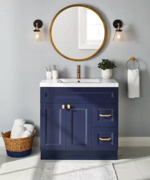 RUBY Double Door Single Sink Marble Top Bathroom Vanity with Two Drawers, Navy, 36-in