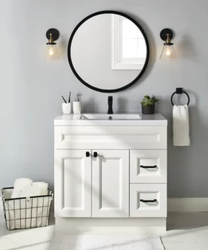RUBY Double Door Single Sink Marble Top Bathroom Vanity with Two Drawers, White, 36-in