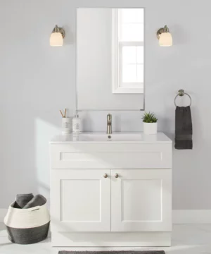 RUBY Double Door Single Sink Marble Top Bathroom Vanity, White, 36-in