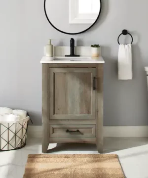 RUBY Single Door Single Sink Stone Top Bathroom Vanity, Weathered Oak, 24-in