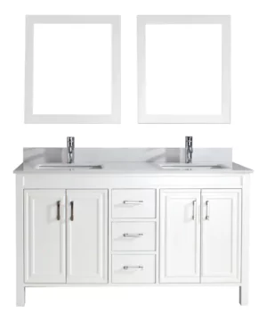 RUBY Bathroom Vanity with Solid Wood Top, White/Carrera, 60-in