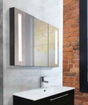 RUBY 36" x 27" Black medicine cabinet with 3 mirror doors and integrated LED light